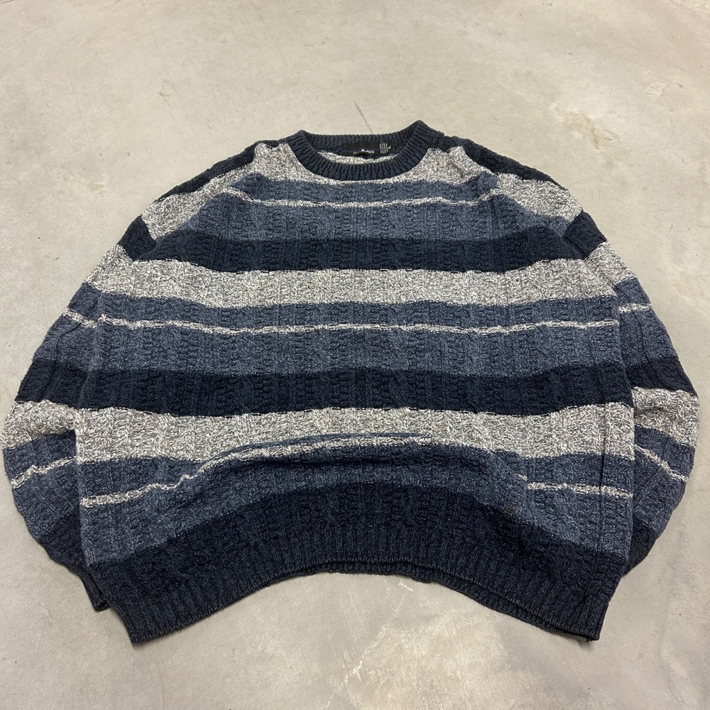 Bill Blass Mens XL Blue Grey Striped Cable Knit Crewneck Sweater Made in USA